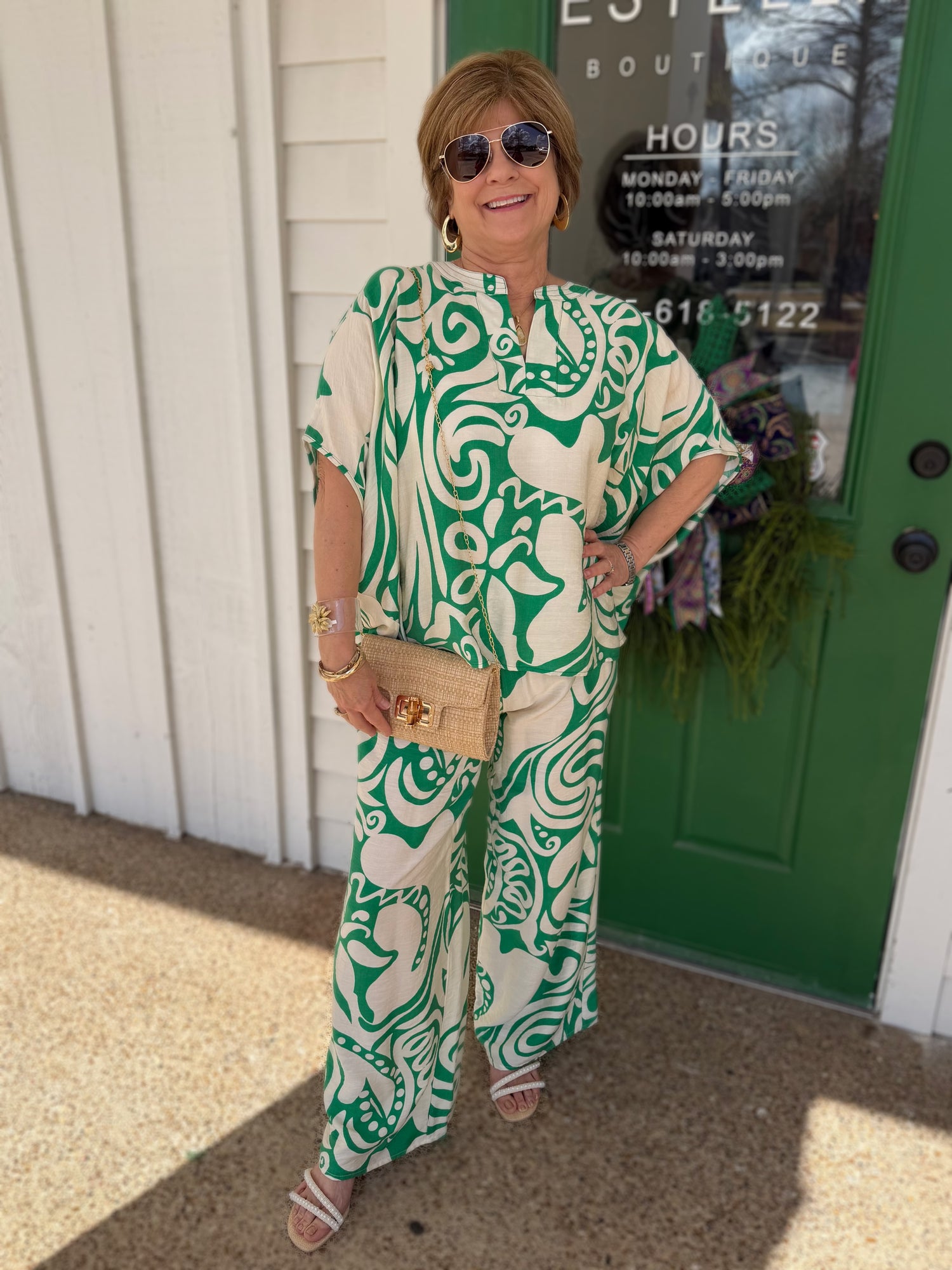 GREEN PRINTED DOLMAN SLEEVE RELAXED FIT TOP