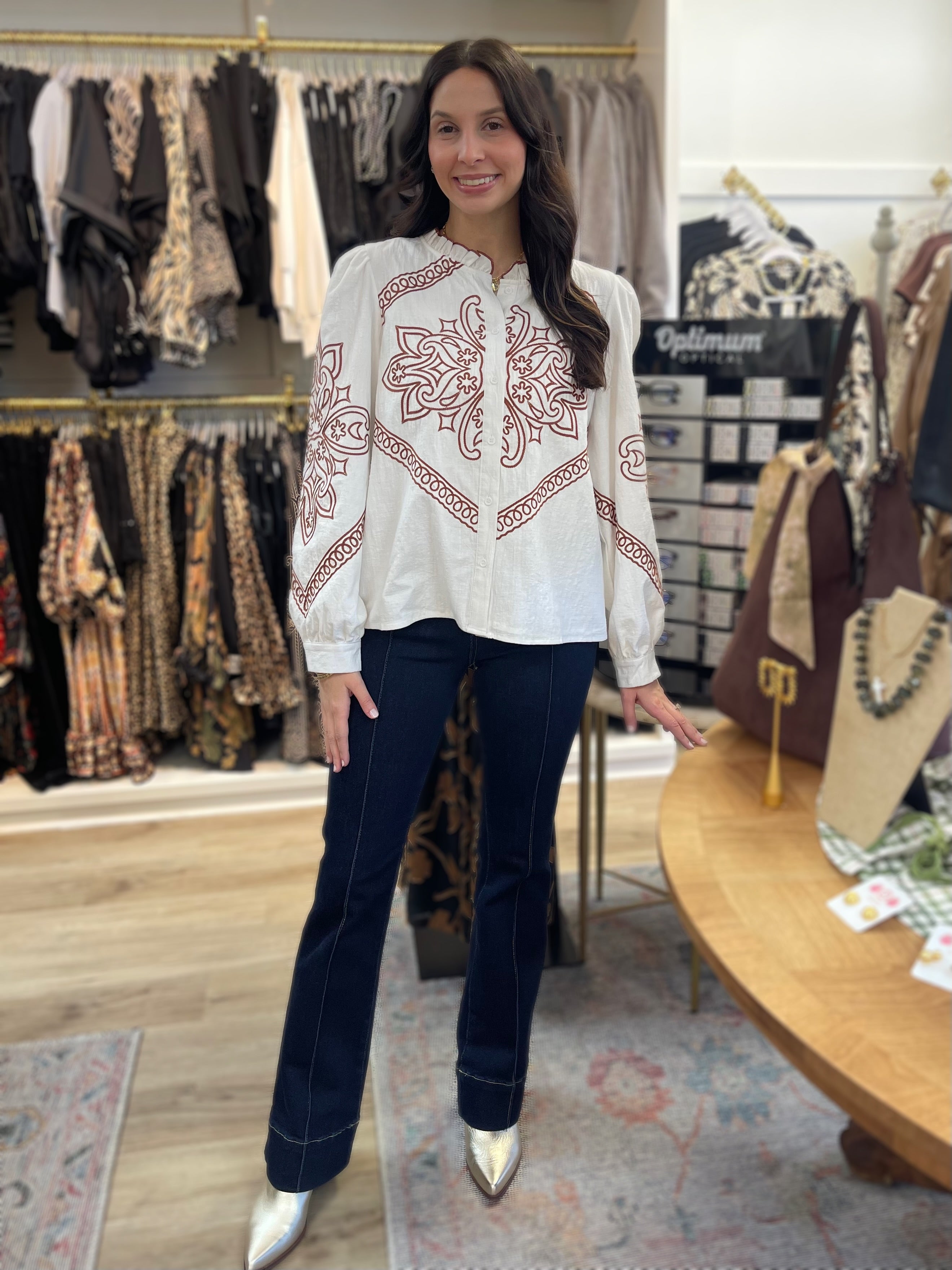 IVORY EMBROIDERED RUFFLED MOCK NECK BUTTON UP TOP