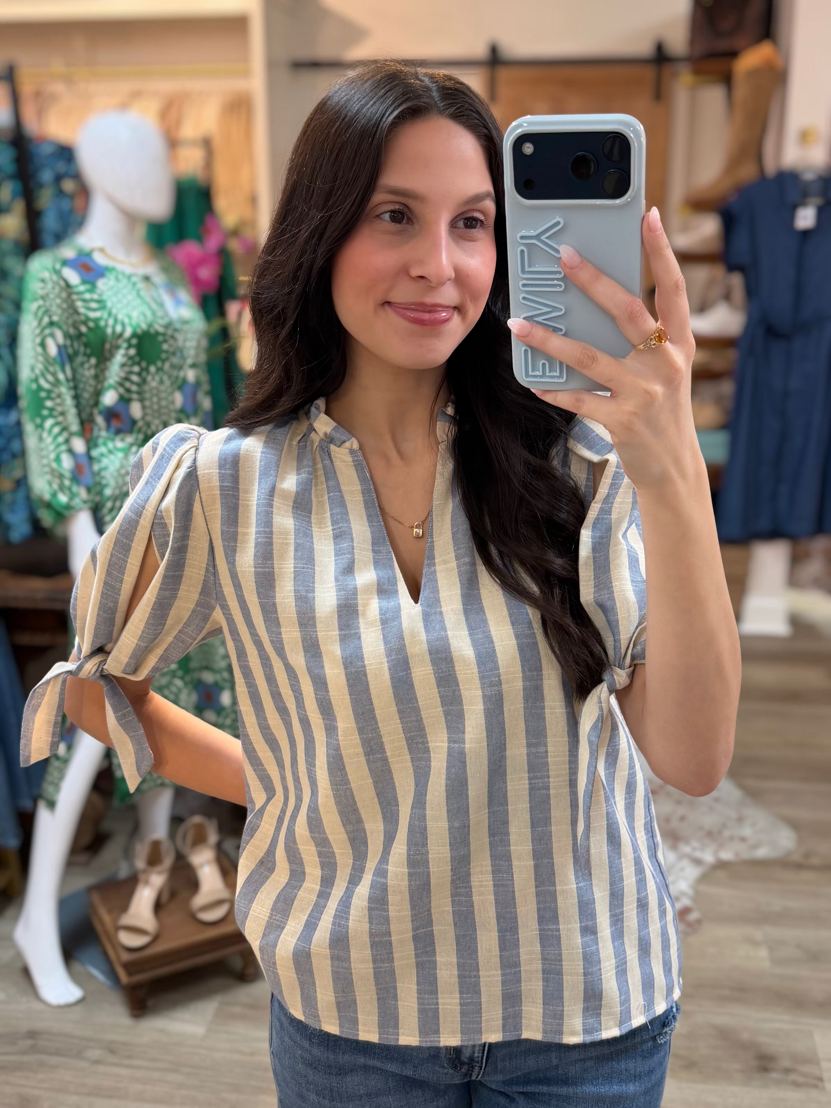 BLUE/CREAM STRIPED VNECK SHORT TIE SLEEVE TOP