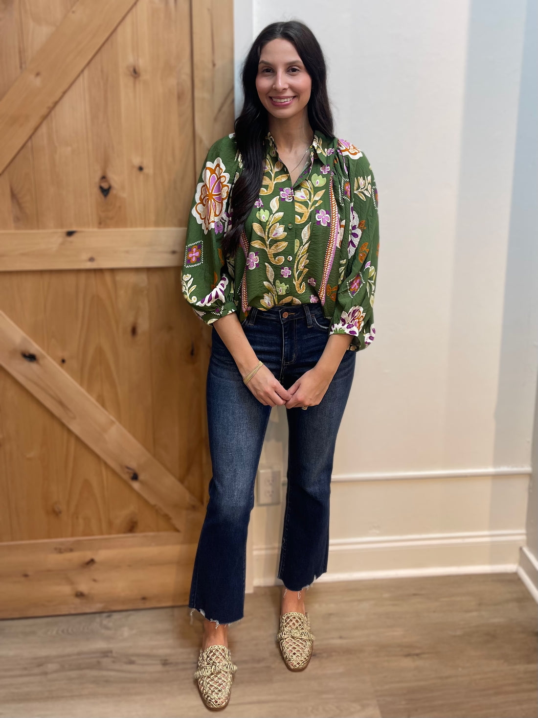 OLIVE MULTI FLORAL PRINT LONG SLEEVE BUTTON UP BLOUSE
