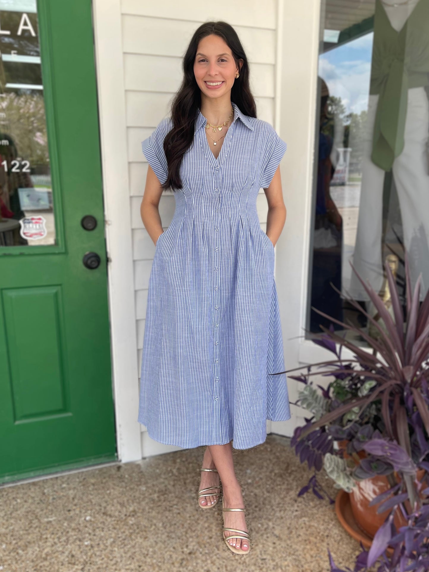 BLUE STRIPE BUTTON UP FRONT PLEATED SHIRT MIDI DRESS