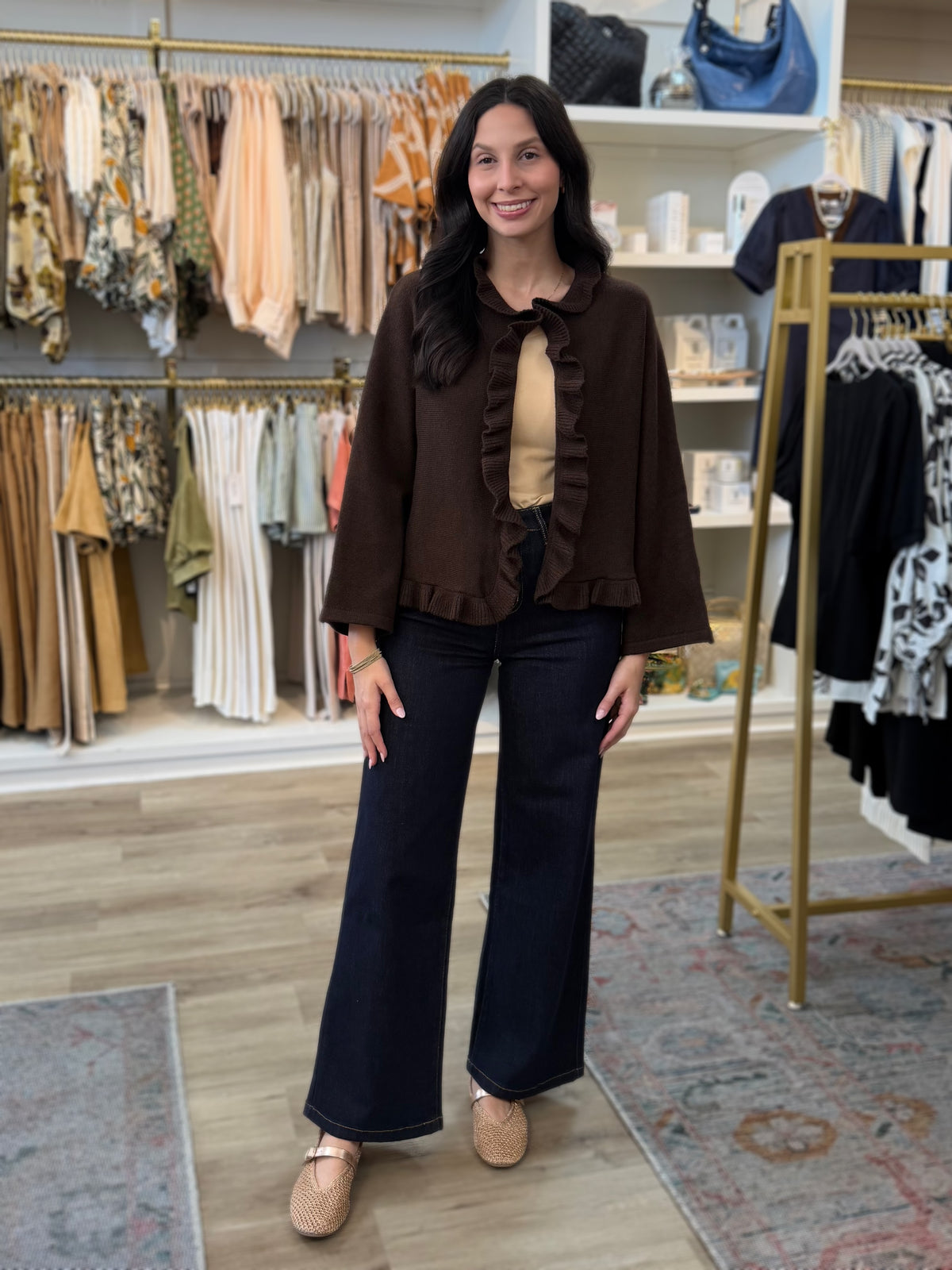 DARK CHOCOLATE BROWN RUFFLE TRIM LONG SLEEVE SABRINA CARDIGAN