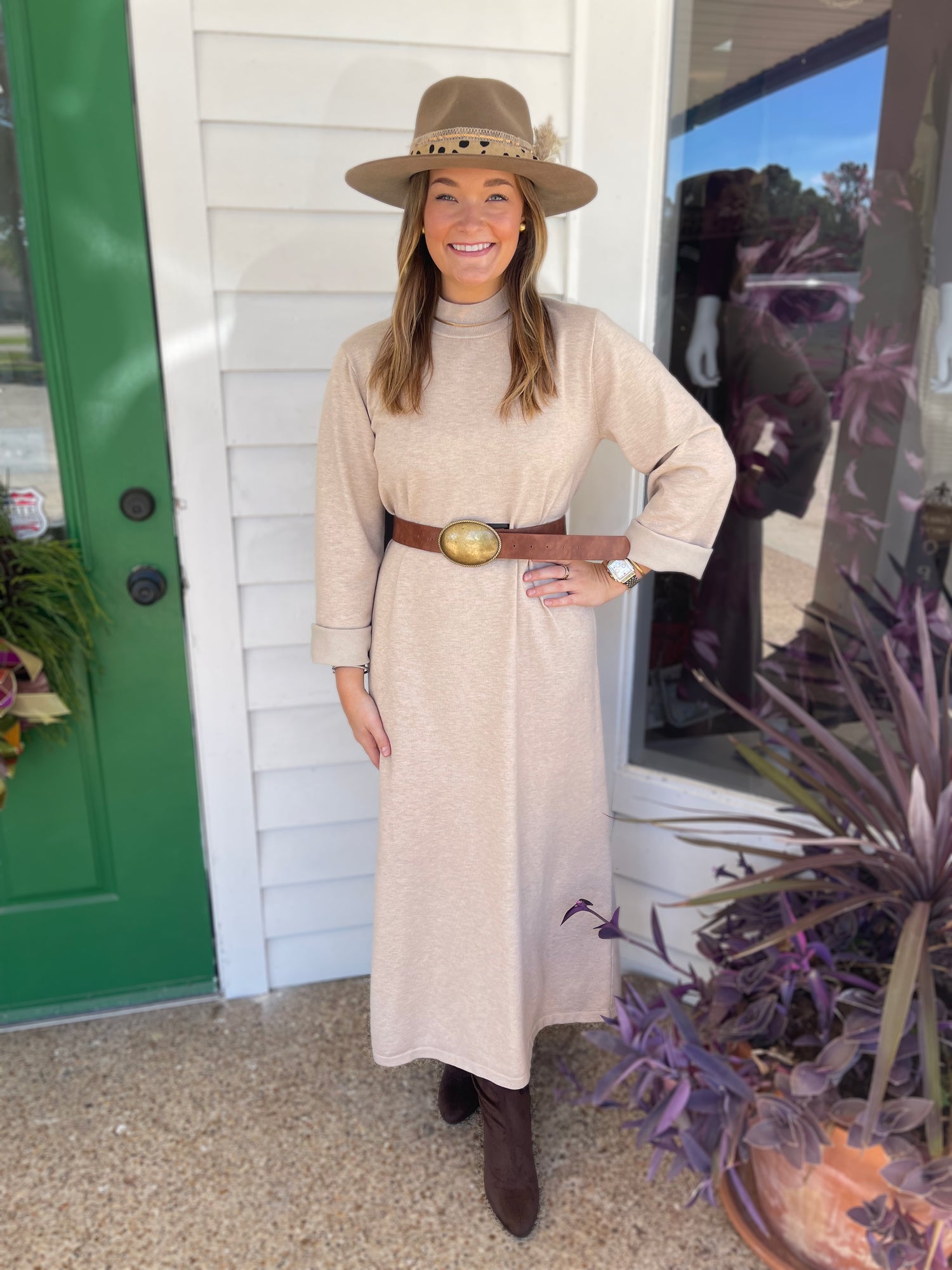 SAND MOCK NECK LONG SLEEVE KNIT MIDI DRESS