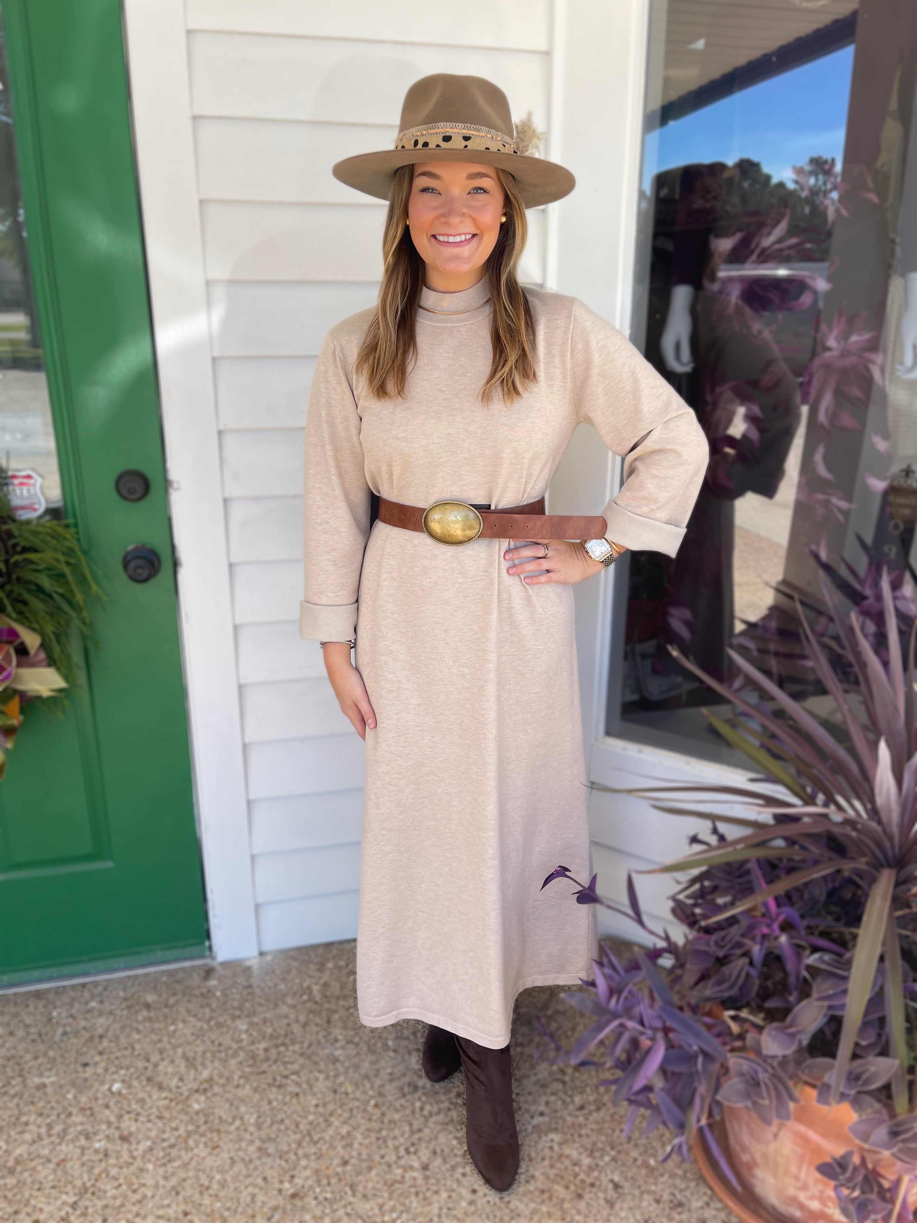 SAND MOCK NECK LONG SLEEVE KNIT MIDI DRESS