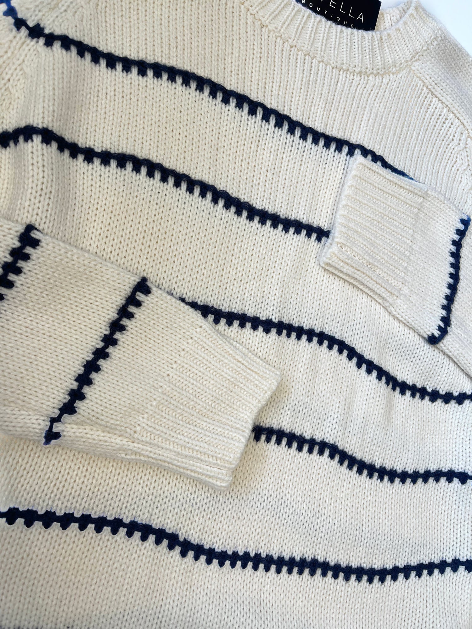 IVORY/NAVY STRIPED BLANKET STITCH LONG SLEEVE SWEATER