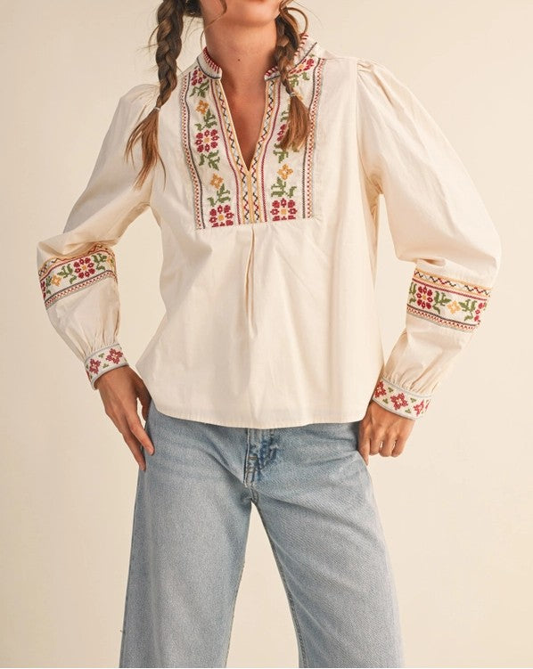 ECRU FLORAL CROSS STITCH EMBROIDERY DETAIL LONG PUFF SLEEVE TOP