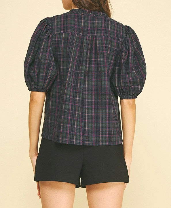 NAVY MULTI PLAID PRINT SHORT PUFF SLEEVE BUTTON UP TOP