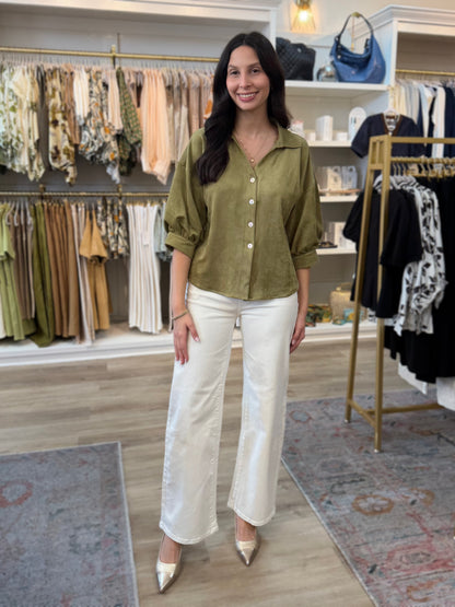 OLIVE FAUX SUEDE BLOUSON SLEEVE TOP