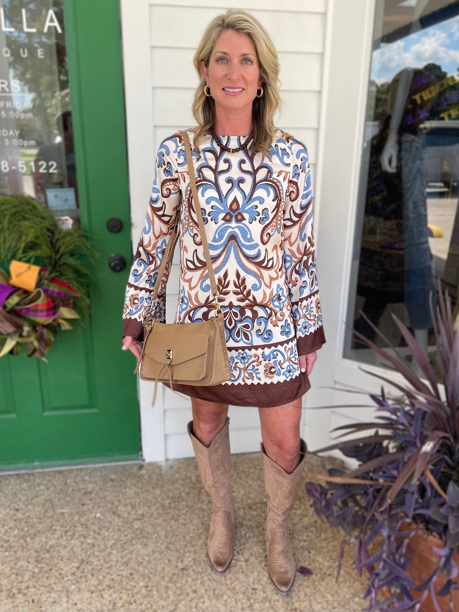 IVORY, BROWN &amp; BLUE BORDER PRINT BELL SLEEVE MINI DRESS