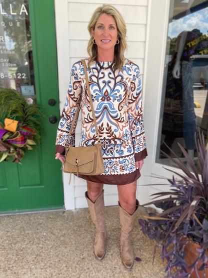 IVORY, BROWN &amp; BLUE BORDER PRINT BELL SLEEVE MINI DRESS