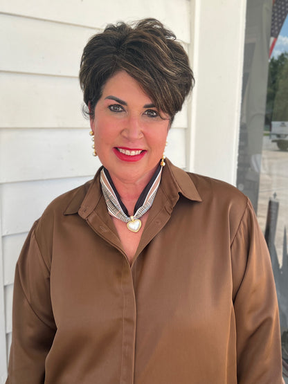 DARK COCOA SATIN PLACKET COVER BUTTON UP LONG SLEEVE TOP