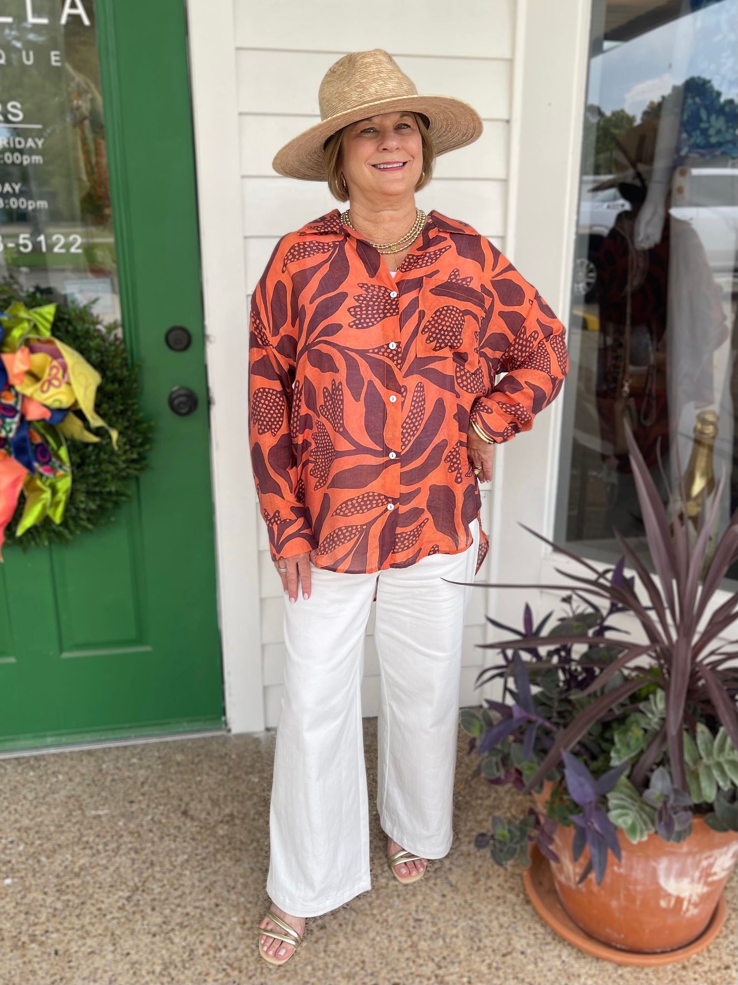 RUST LEAF PRINT BUTTON DOWN LONG SLEEVE TOP