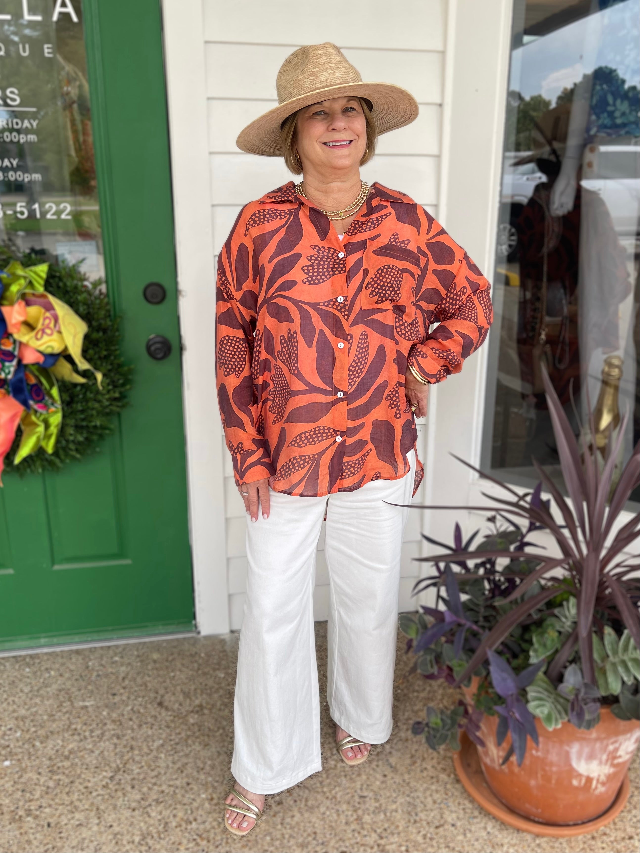 RUST LEAF PRINT BUTTON DOWN LONG SLEEVE TOP