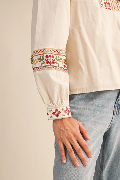 ECRU FLORAL CROSS STITCH EMBROIDERY DETAIL LONG PUFF SLEEVE TOP
