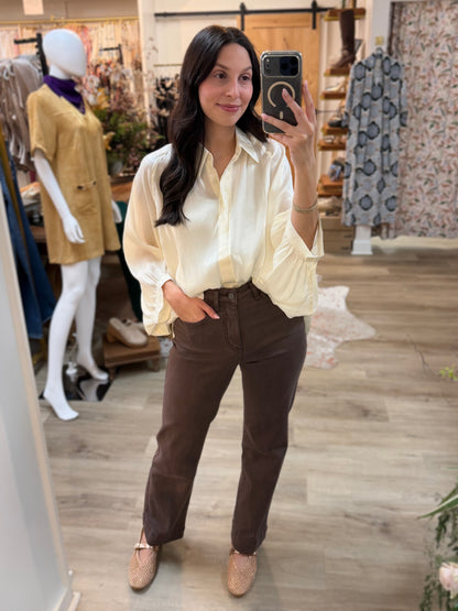 IVORY METALLIC OVERSIZED BUTTON UP DOLMAN SLEEVE TOP