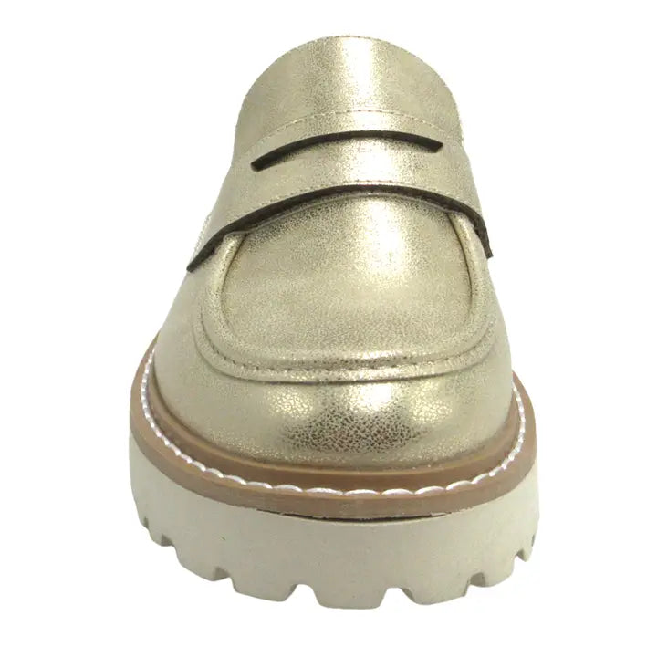 GOLD METALLIC CHUNKY PLATFORM SLIP-ON MULE MORA LOAFER