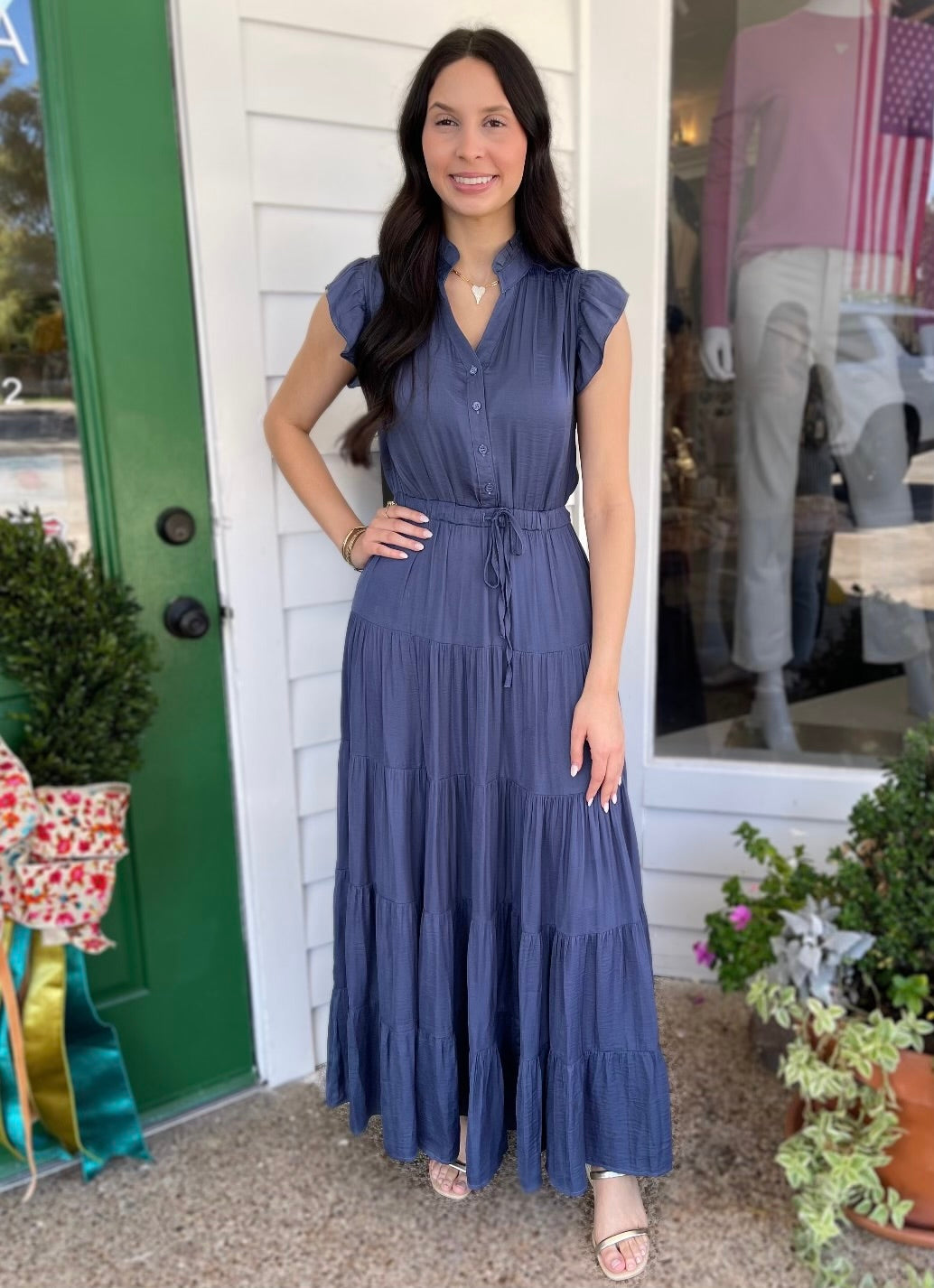 DUSTY NAVY SATIN TIERED MAXI DRESS