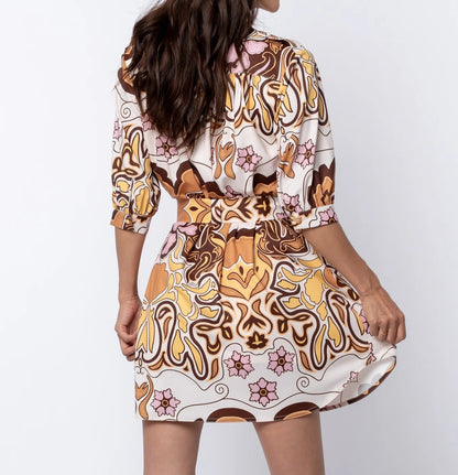 YELLOW MULTI PRINTED HALF SLEEVE BUTTON DOWN YORI MINI DRESS