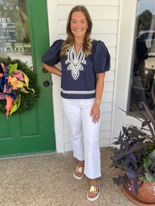 NAVY EMBROIDERY DETAIL PUFF SLEEVE TOP