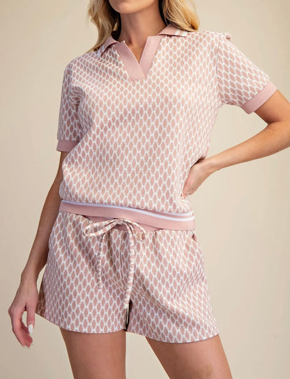 PINK GEOMETRIC TRELLIS PRINT COLLAR NECK SHORT SLEEVE POLO TOP
