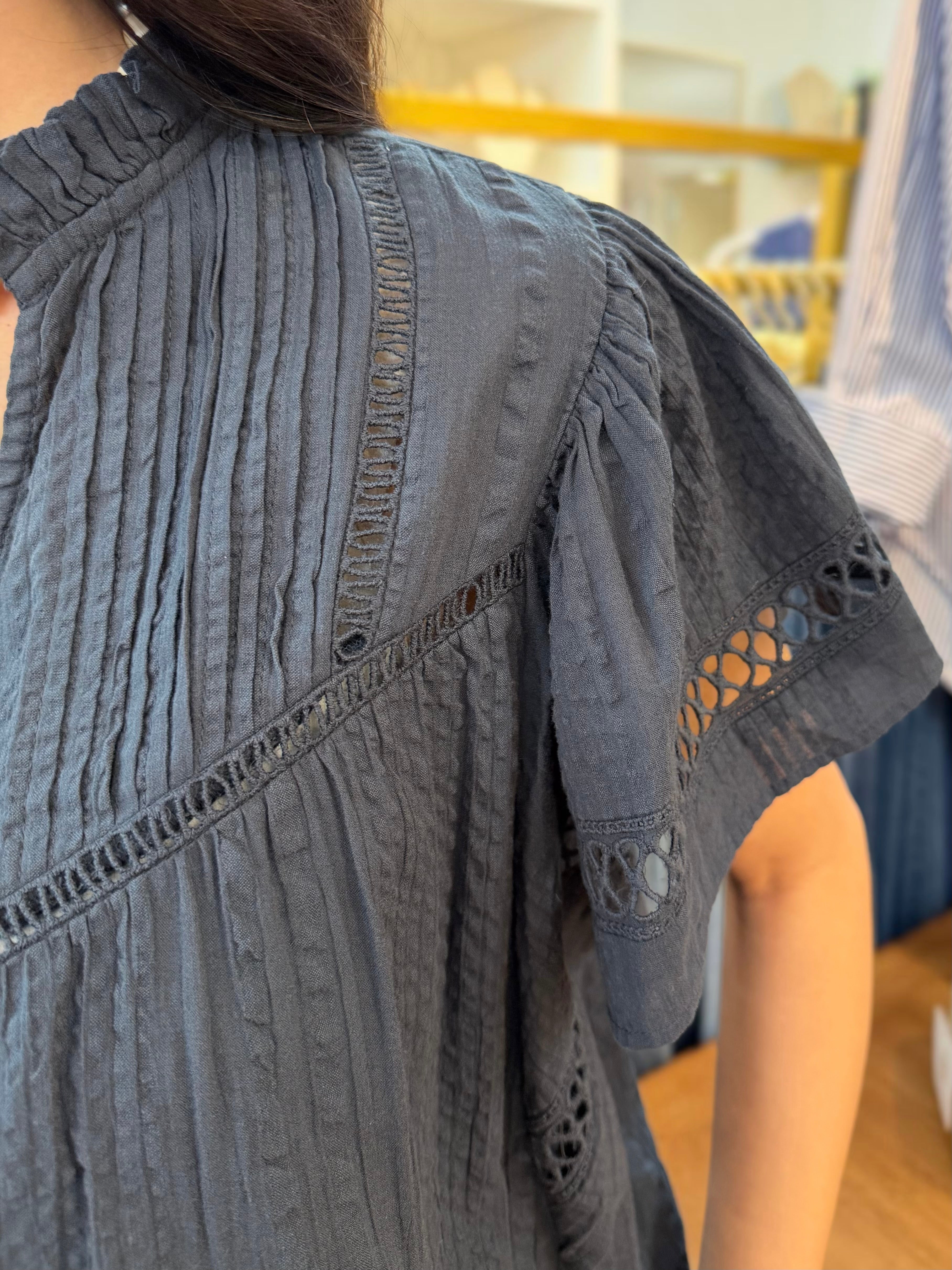 NAVY LACE DETAIL SHORT RUFFLE SLEEVE TOP