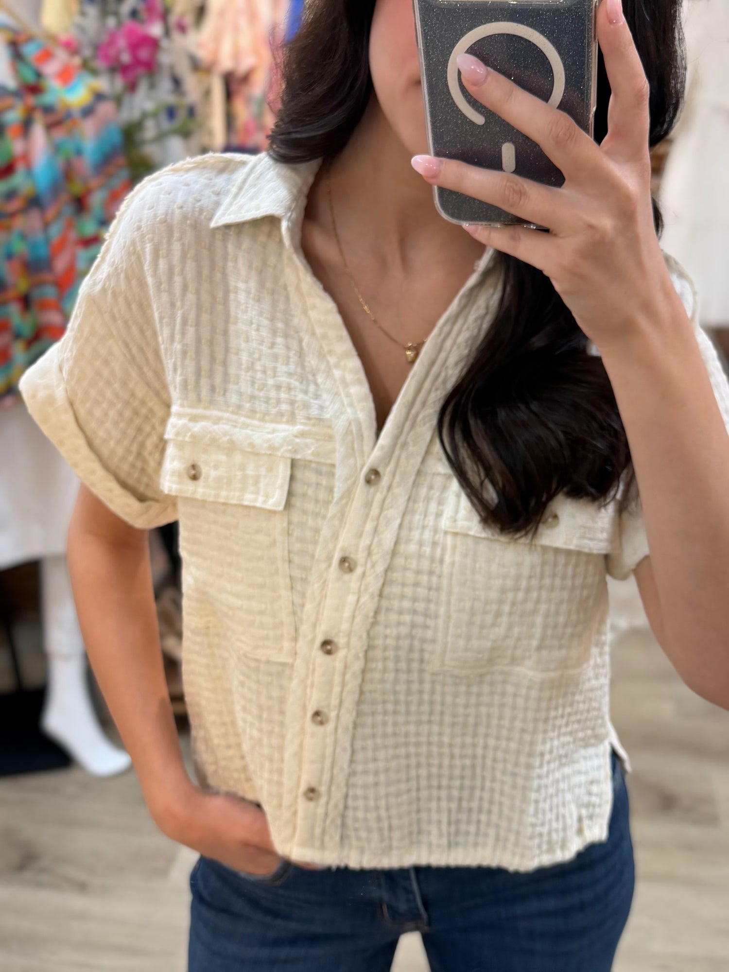 NATURAL BREEZY CRINKLE GAUZE SHORT SLEEVE BUTTON UP TOP