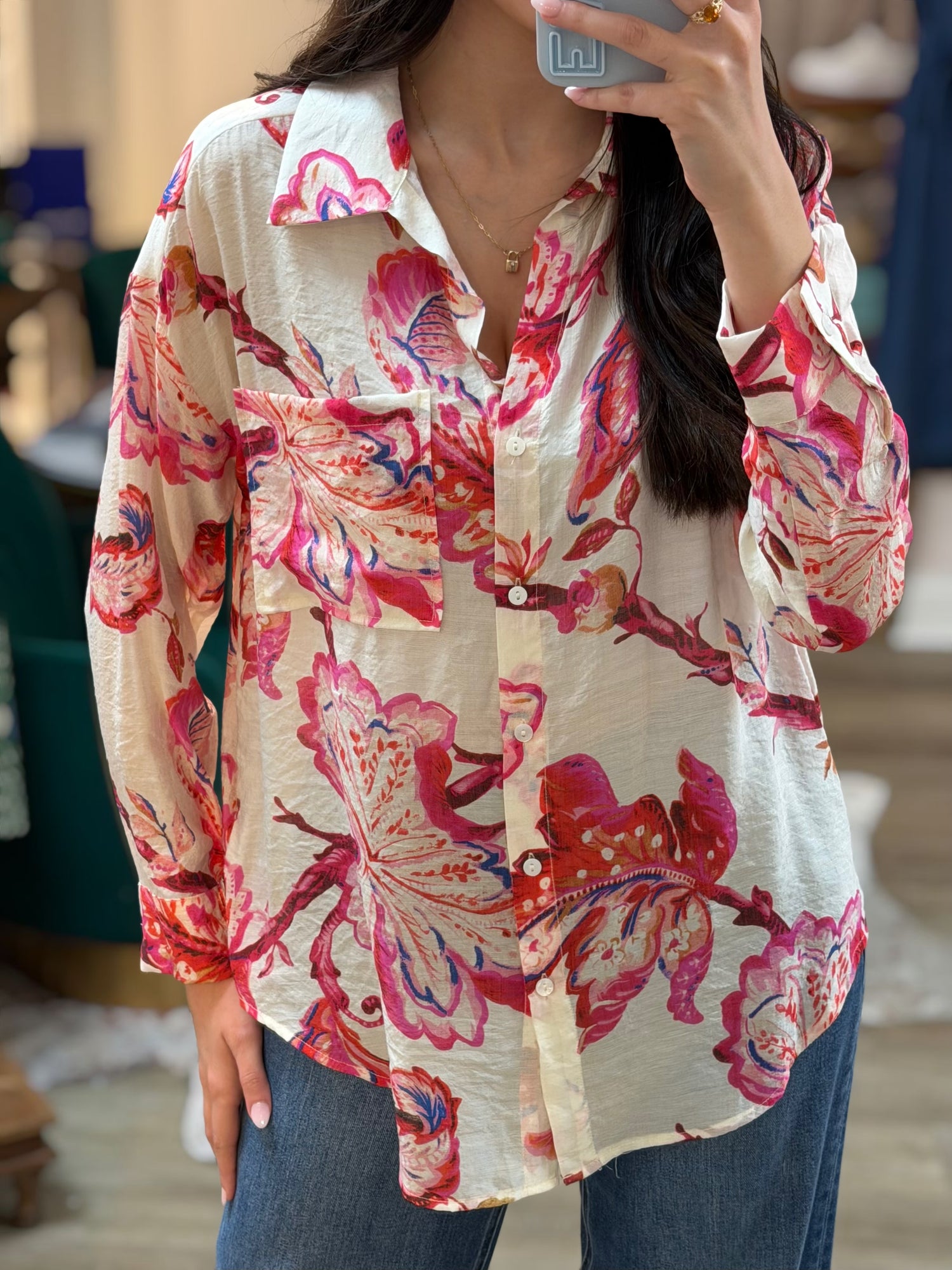 PINK MULTI FLORAL PRINT LONG SLEEVE BUTTON UP TOP