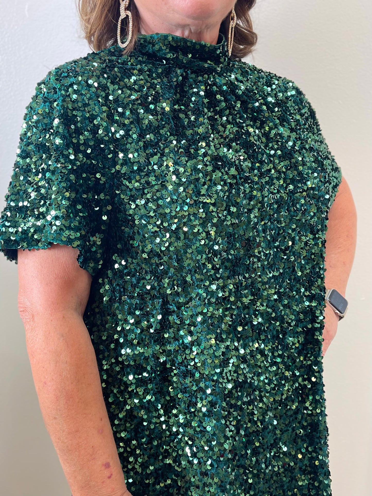 EMERALD GREEN SEQUIN MOCK NECK MINI DRESS