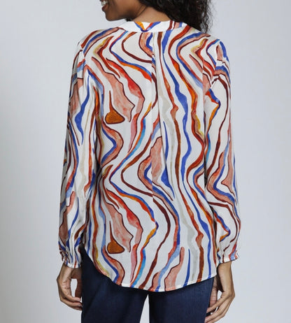 BROWN/BLUE MULTI WAVE PRINT CROSSOVER TASSEL TOP