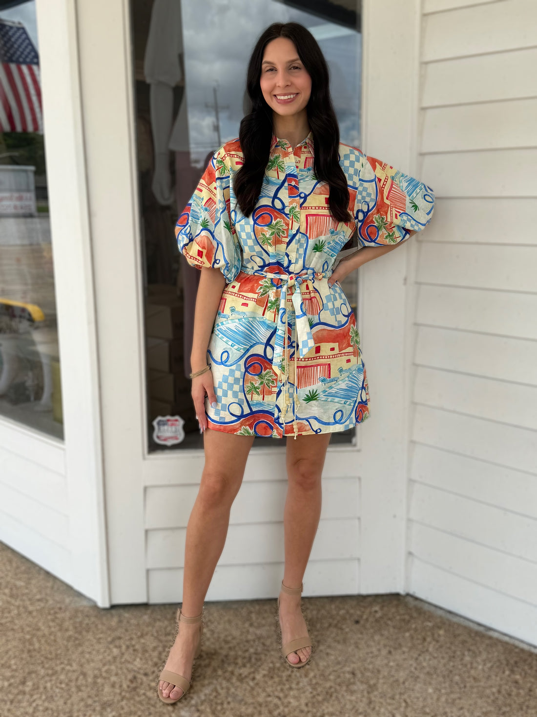BLUE MULTI VACATION PRINT SHORT PUFF SLEEVE BUTTON UP MINI DRESS