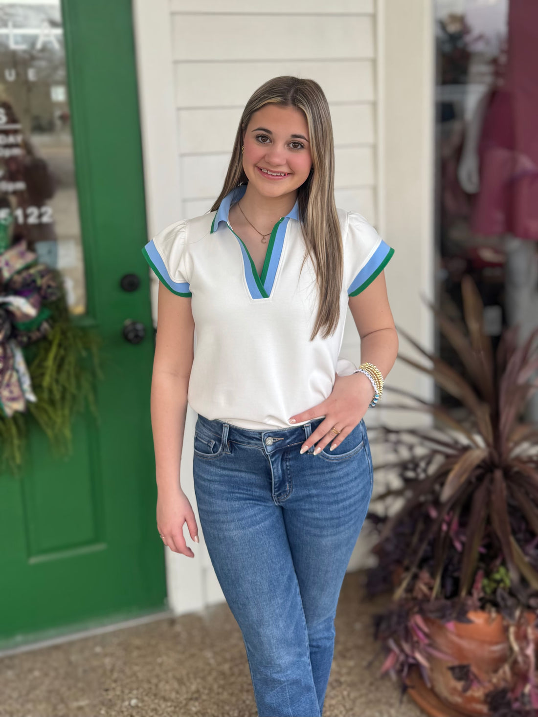 OFF WHITE/BLUE/GREEN CONTRAST BAND POLO TOP