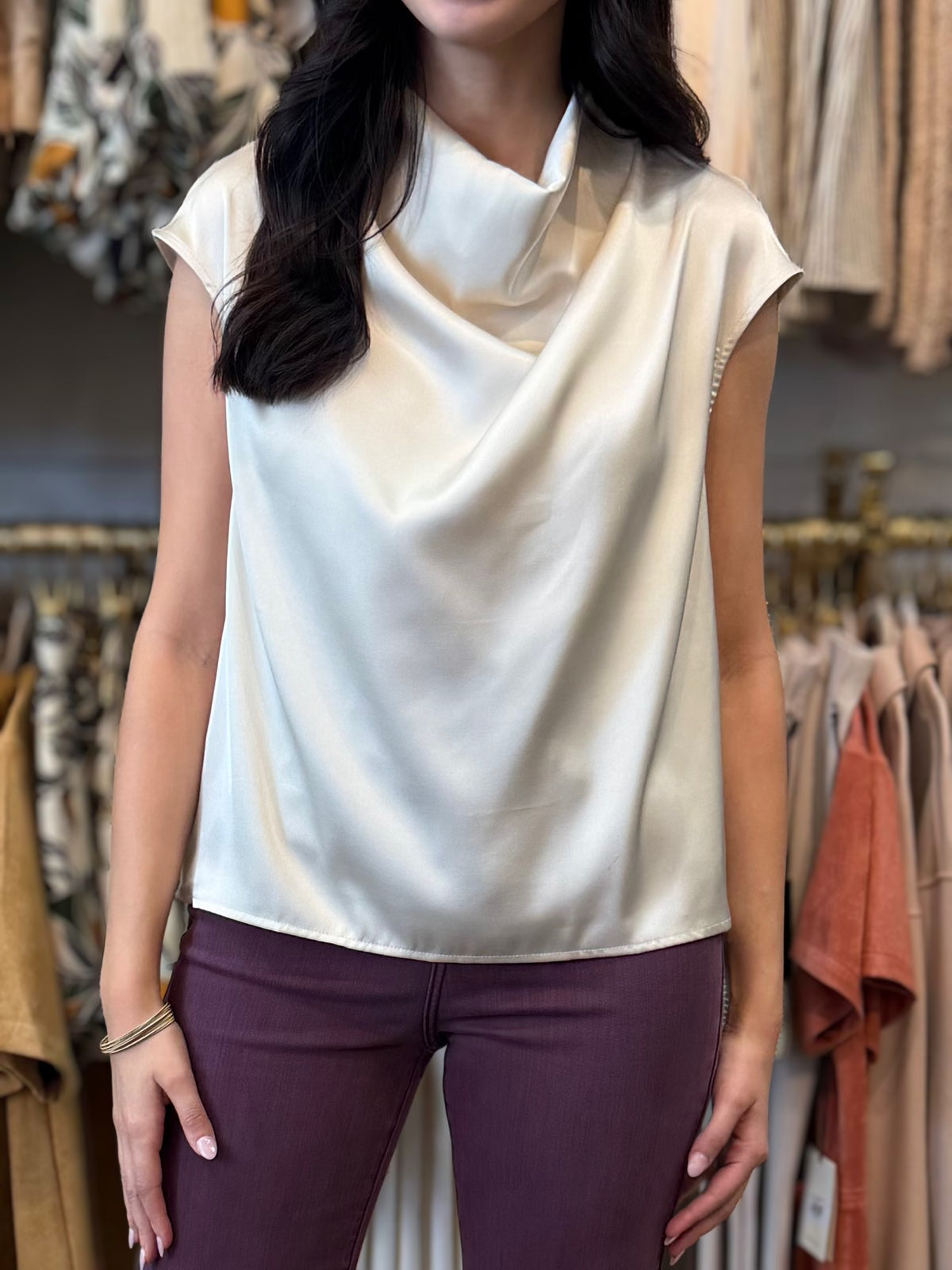 CHAMPAGNE SATIN COWL NECK SLEEVELESS TOP