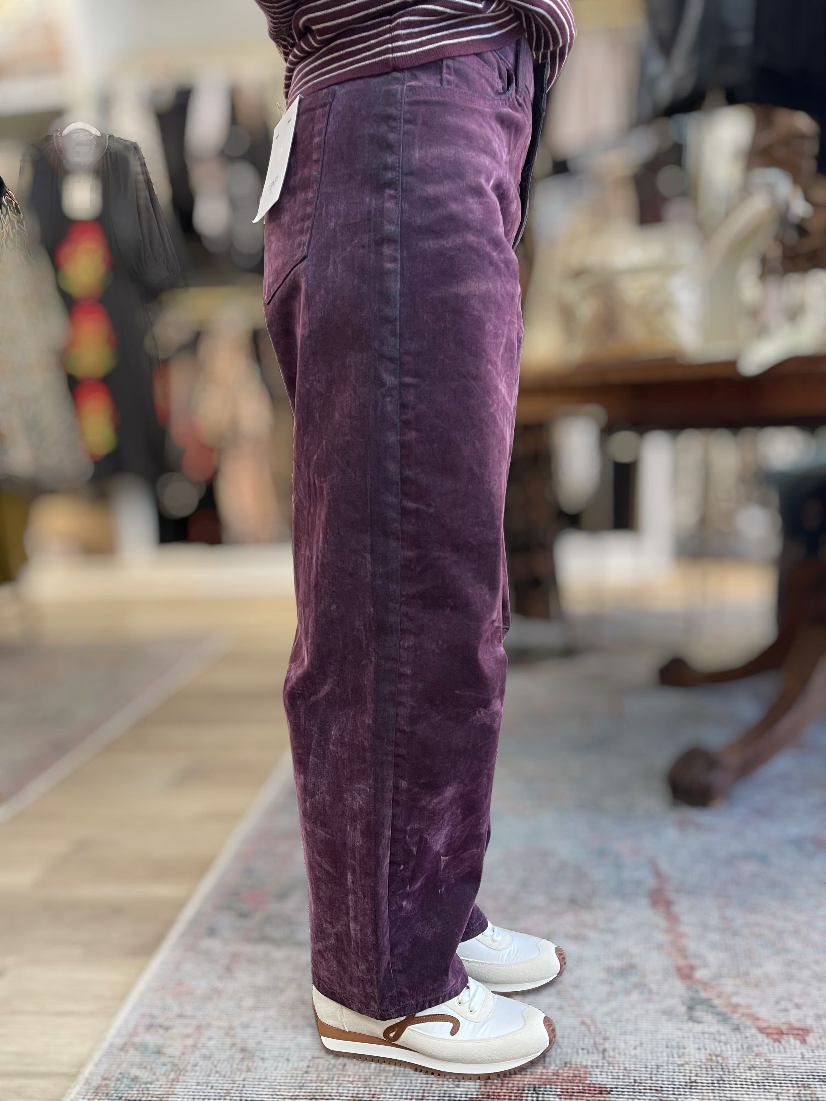 PURPLE FLOCKED HIGH RISE BARREL LEG JEANS
