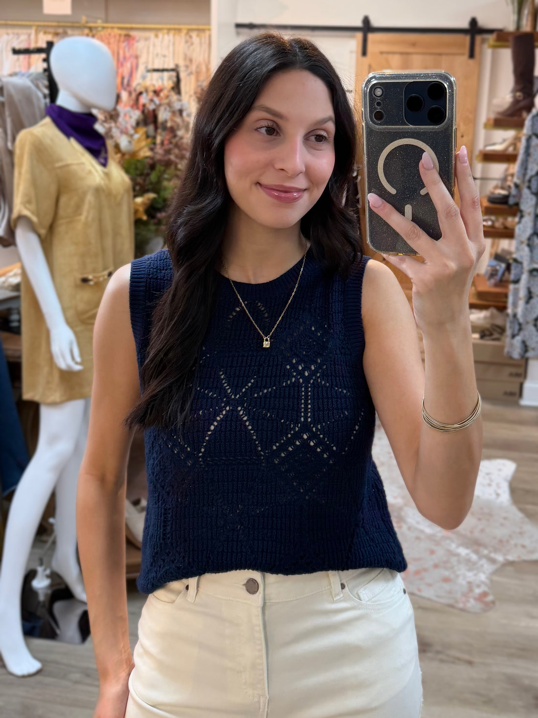 NAVY CROCHET KNIT WAVE HEM SLEEVELESS SWEATER TANK TOP