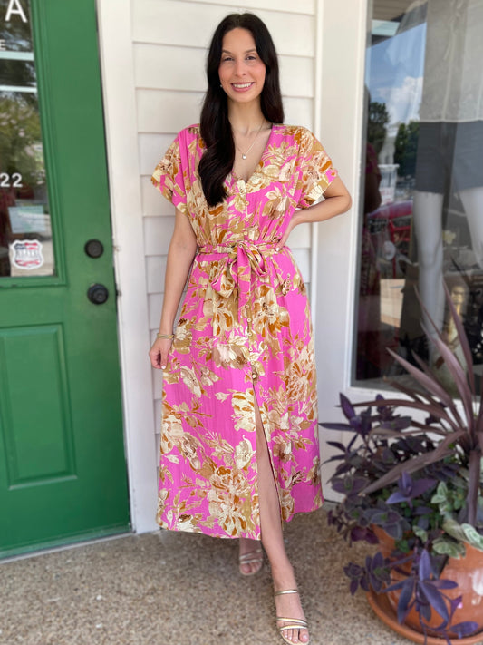 PINK FLORAL PRINT BUTTON UP SHORT SLEEVE MAXI DRESS