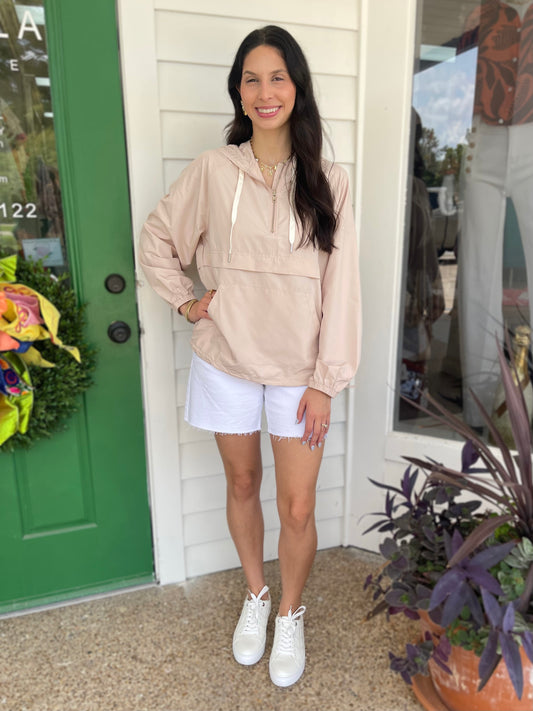 DUSTY BEIGE QUARTER ZIP HOODED WINDBREAKER