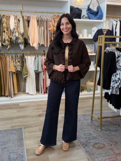 DARK CHOCOLATE BROWN RUFFLE TRIM LONG SLEEVE SABRINA CARDIGAN