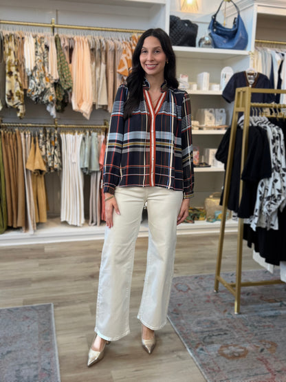 NAVY MULTI PLAID LONG SLEEVE BUTTON UP TOP