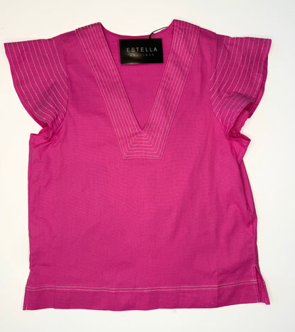 PINK CONTRAST STITCH SHORT RUFFLE SLEEVE VNECK TOP