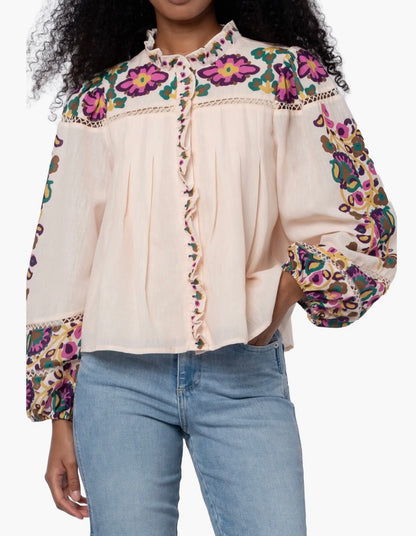 CREAM MULTI FLORAL PRINT LADDER TRIM RUFFLED PLACKET LONG SLEEVE ISME BLOUSE