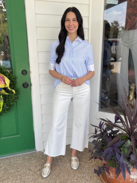BLUE STRIPED SHORT SLEEVE CONTRAST COLLAR AND CUFF BLOUSE