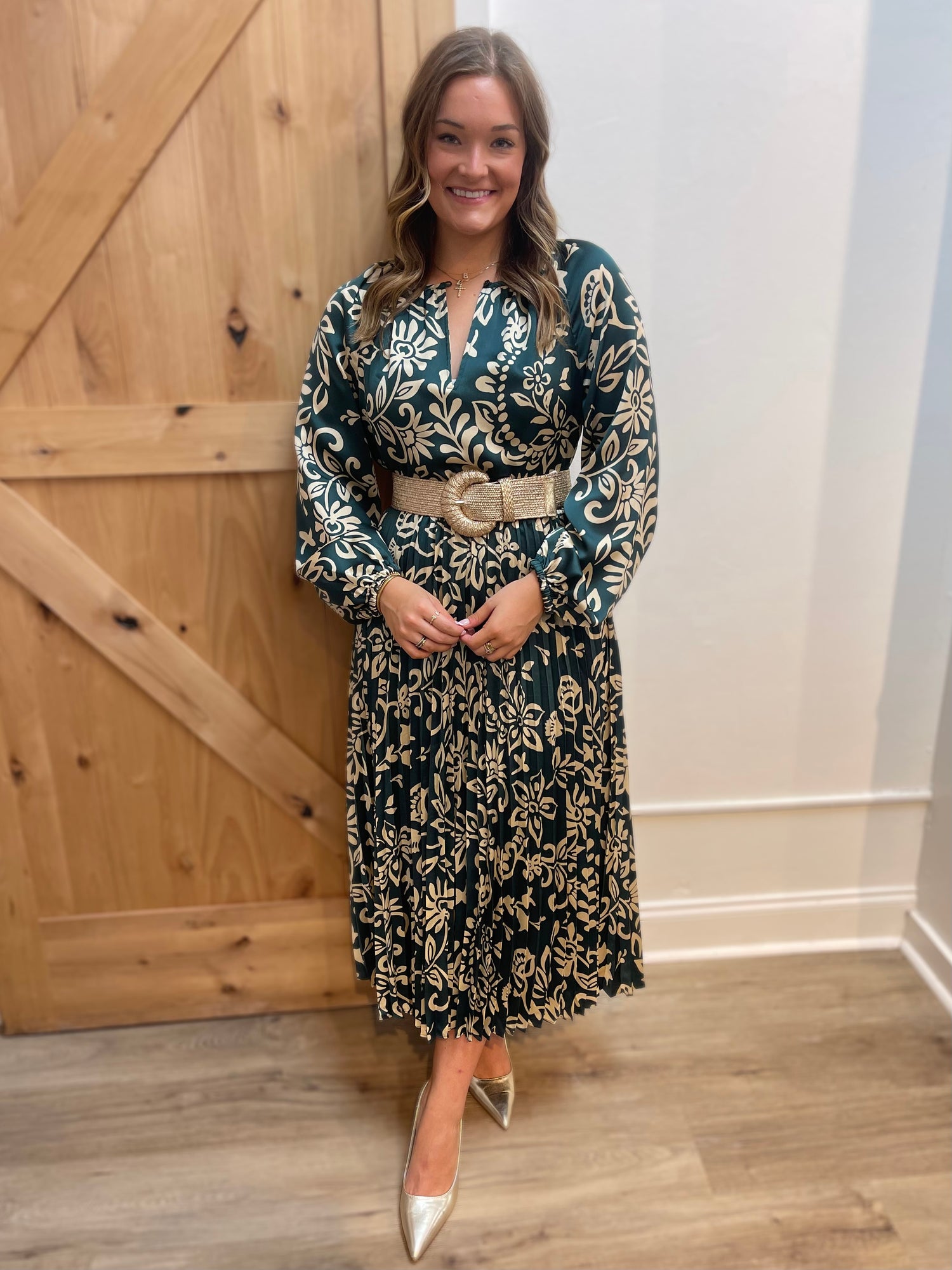 TEAL ABSTRACT FLORAL PRINT PLEATED MIDI DRESS