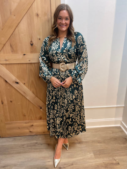 TEAL ABSTRACT FLORAL PRINT PLEATED MIDI DRESS