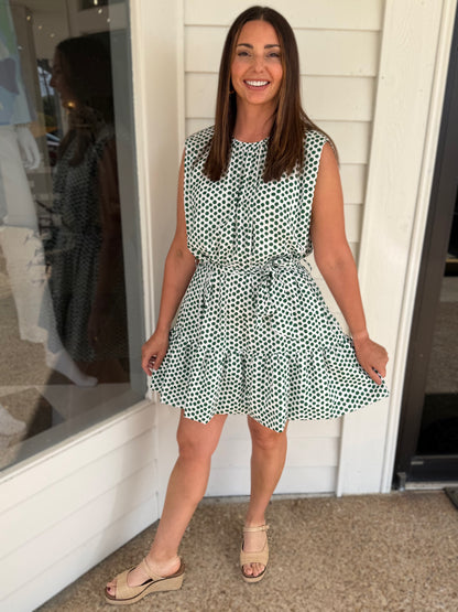 KELLY GREEN &amp; WHITE POLKA DOT TIERED MINI DRESS