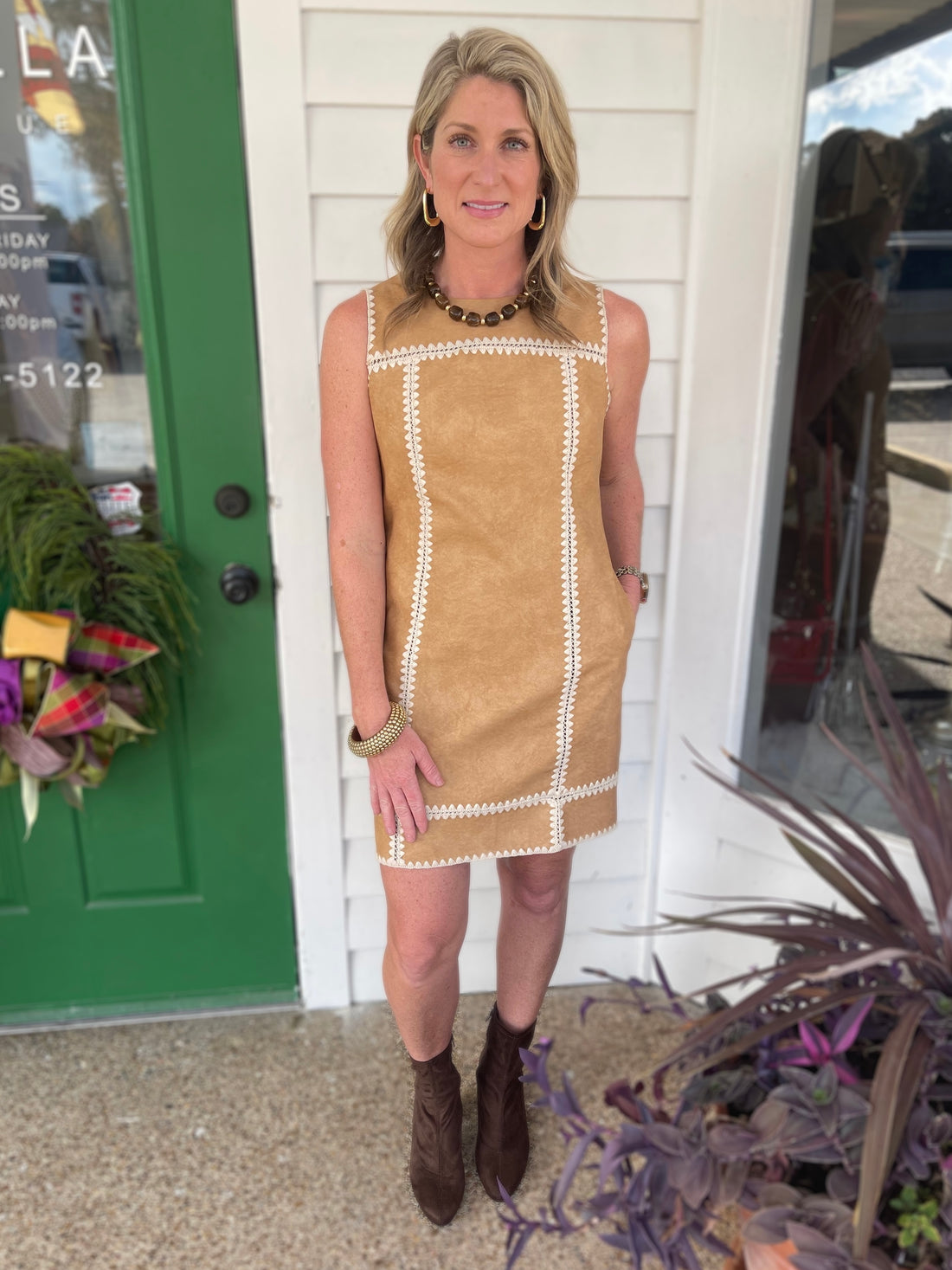 SAND WHIPSTITCH EMBROIDERY CROCHET DETAIL FAUX SUEDE LEATHER MINI DRESS