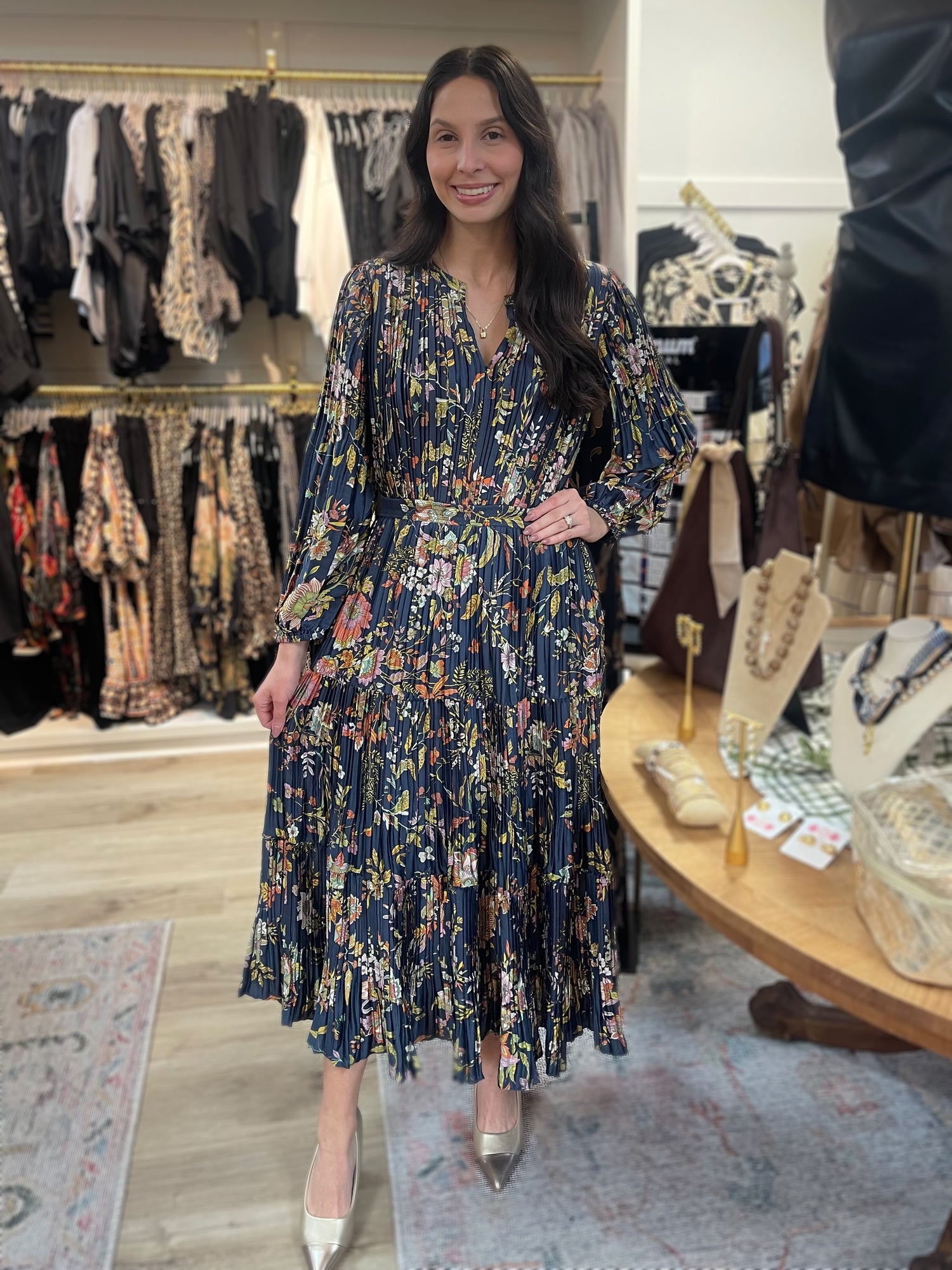 NAVY MUTLI FLORAL PRINT PLEATED LONG SLEEVE MIDI DRESS