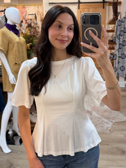 WHITE PCILL GLAZED COTTON KNIT PEPLUM TOP