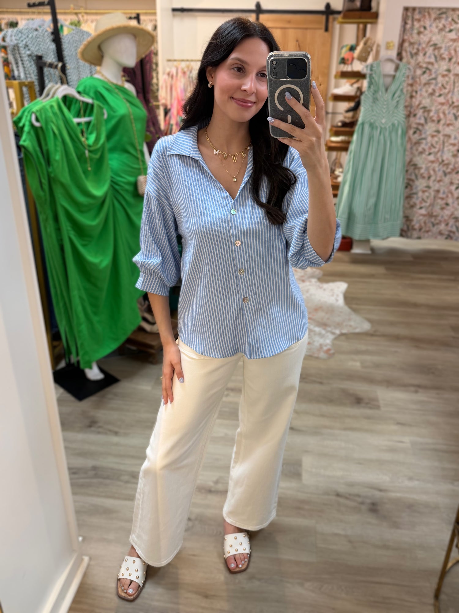 BLUE/WHITE STRIPE BLOUSON SLEEVE TOP