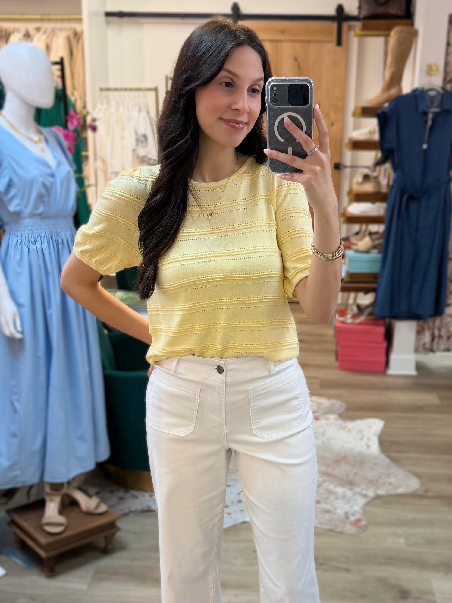 LEMON YELLOW TEXTURED STRIPE SHORT BALLON SLEEVE SWEATER TOP