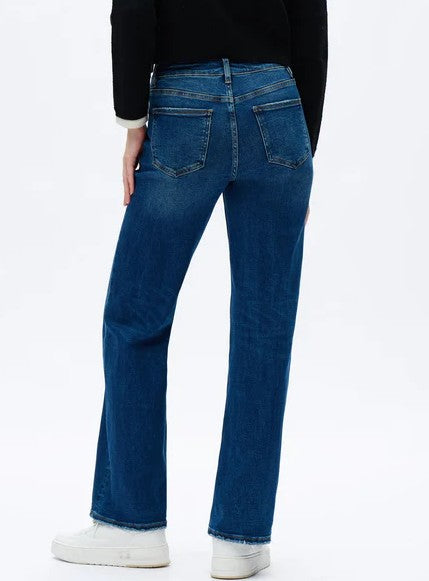 DARK BLUE DISTRESSED ALSA MID RISE WIDE LEG JEANS